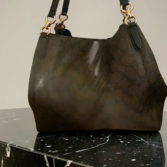 Coach Dark Brown Shoulder Bag with Scarf Accent & Purse Charm. L - Picture 5 of 13